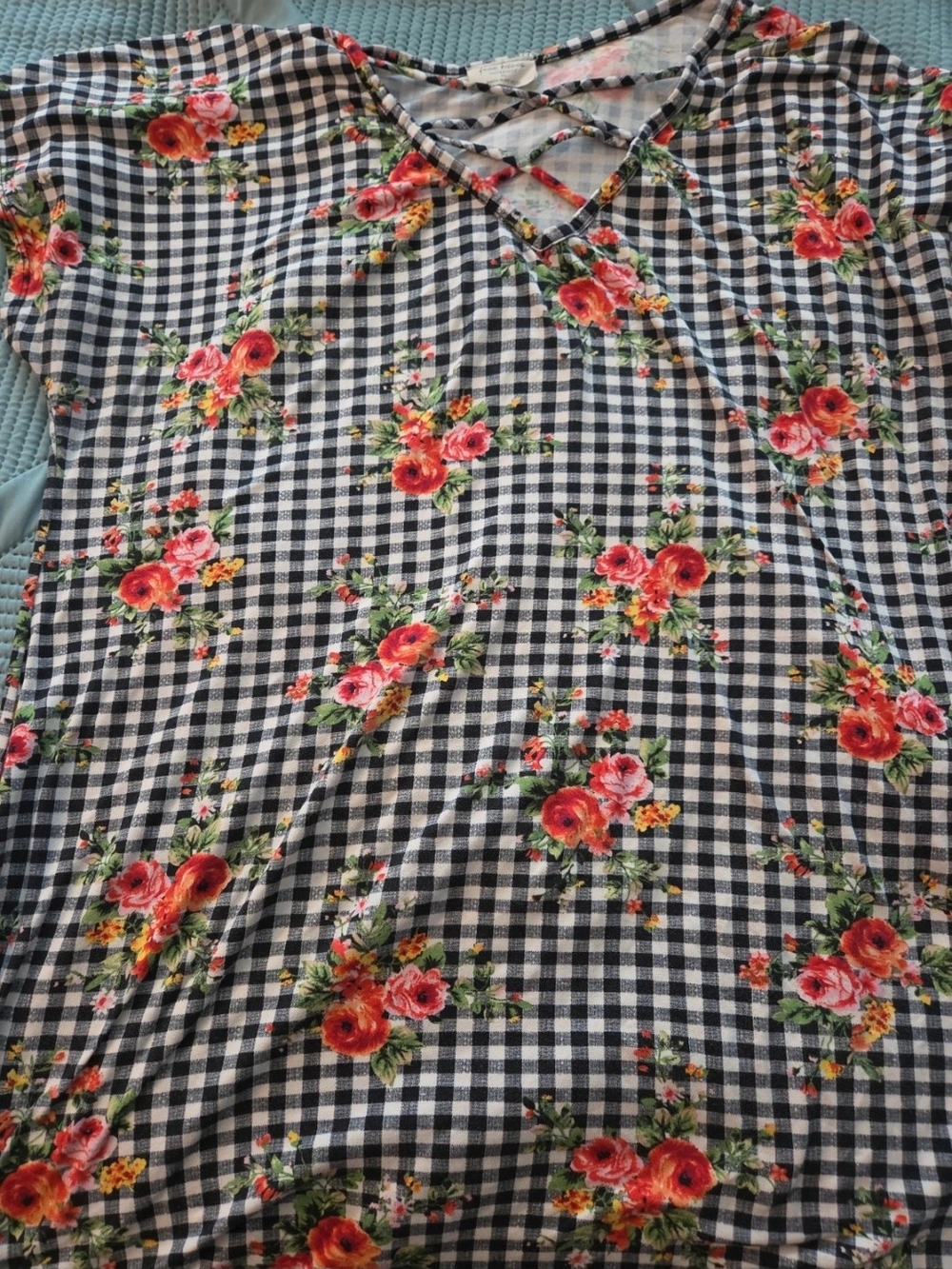 Free Kisses Black & White Gingham V-Neck Tunic with Red Floral Print